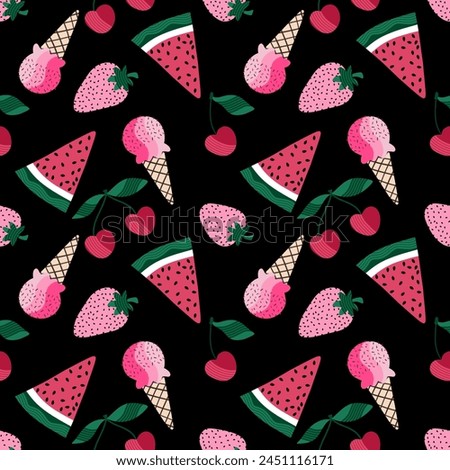 Summer fruit print cartoon seamless watermelon and cherry and ice cream and strawberry pattern for wrapping paper and fabrics and linens and kids clothes and party accessories and swimsuit textiles 