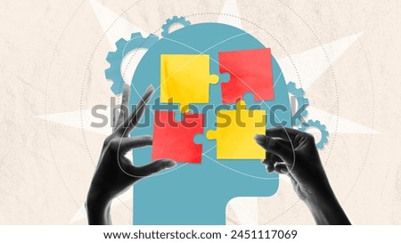 Poster. Contemporary art collage. Blue silhouette of person where hands creating picture with puzzles against smashed paper background. Concept of business, human resources, startup, knowledge.