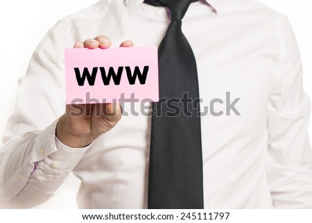 Businessman with with www. Businessman holding paper with www isolated over white background