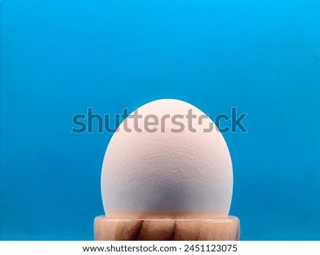 White Egg in Brown marble Mini Glass. A Contrast Against Blue Paper Background. Negative space.