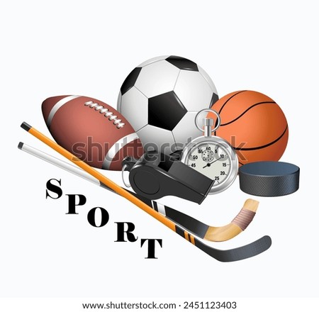 Sport equipment. Sports items concept on white background. Vector realistic illustration