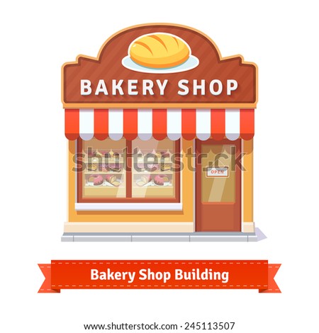 Bakery shop building facade with signboard. Flat style illustration or icon. EPS 10 vector. Royalty-Free Stock Photo #245113507