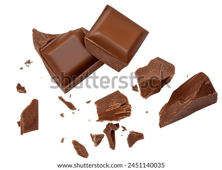  Levitating milk chocolate chunks isolated on white background. Crumbs, shavings and Flying Chocolate pieces Top view. Flat lay
