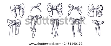 Bow set. Hand drawn vector ribbons, silk bows for gifts, present knots and wrap pack isolated on white background. Vector vintage illustration. Collection for celebration design and anniversary