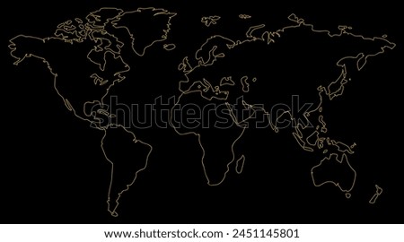 Outline yellow world map illustration on black background. Contour global Earth map. Line cartography background. Atlas silhouette wallpaper. Royalty-Free Stock Photo #2451145801