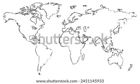 Hand drawn world map illustration. Painted global Earth map. Line cartography background. Atlas silhouette wallpaper. Royalty-Free Stock Photo #2451145933