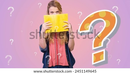 Image of question marks over caucasian female student. education, knowledge and school concept digitally generated image.