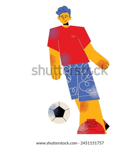 Football player playing, running for kicking soccer ball. Man, professional athlete in action during sport game. Sportsman training, motion. Flat vector illustration isolated on white background