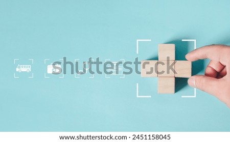 Healthcare and insurance concept Selective cross sign on wooden block and with medical icons on wooden block Make people aware of the advantages and health care