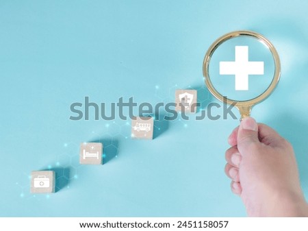 People holding magnifying glass and health medical icons. With positive figure, health and welfare concept. Healthcare, medicine, health and lifestyle