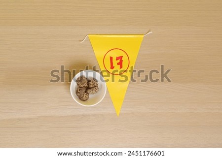 Chinese vegetarian festival triangle flag with Dried Shiitake mushrooms , Translation for Chinese and Thai text is refrain eating meat.