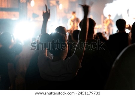 People hands making rock gesture at the concert