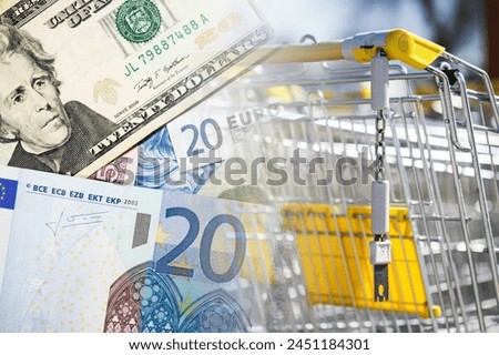 Market prices. Shopping cart money. Metal shopping basket. Cost of shopping. Supermarket shop. Promotions and discounts. Inflation background. Euro and dollar currency.