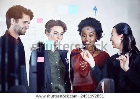 Business people, problem solving and writing on glass in office, teamwork and seo idea for solution. Colleagues, tasks and diversity for strategy, support and speaking for project or brainstorming Royalty-Free Stock Photo #2451192851