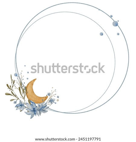 Watercolor Round Flower Frame with Twigs and Moon. Children's Illustration. Beige and Blue Pastel Colors. For Design Children's Room, Photo Frames, Postcards, Logos Children's Goods, Posters, Clothes.