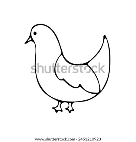 Cute hen for easter, farming design. Black line doodle mother chicken. Hand drawn clip art illustration in doodle style for poster, banner, print, greeting card. Isolated on white background.