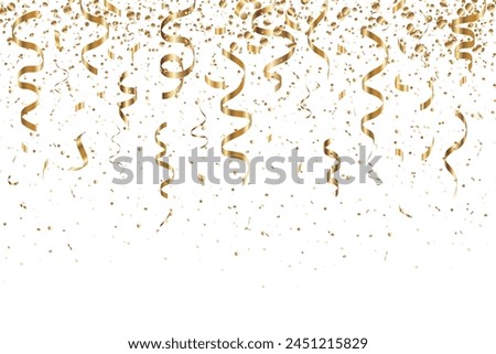 Gold confetti falling background for birthday, anniversary designs. Bright shiny gold confetti for party