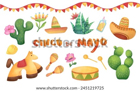clip art Set of watercolor cinco de mayo illustrations. Mexican fiesta set with Sombrero, cactus, maracas, pinata. festival party decoration collection isolated on white background