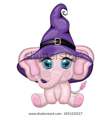 Cute cartoon elephant, childish character in wizard hat with pumpkin, potion or broom, halloween.