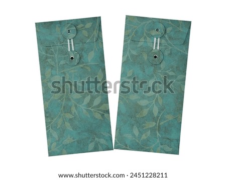 String envelopes in vintage style isolated on white background. Green leaves pattern. Kraft paper.