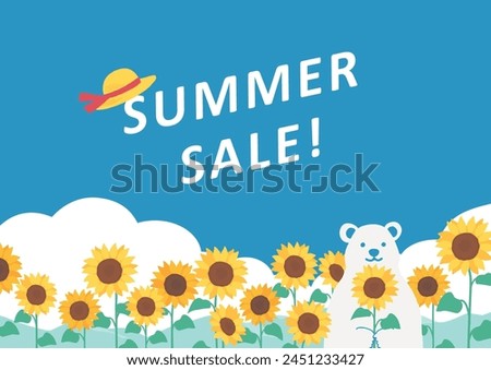 Clip art of summer background of blue sky, sunflower and polar bear