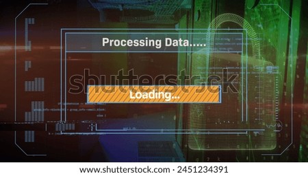 Image of data processing and padlock icon over server room. Global technology, computing and digital interface concept digitally generated image.