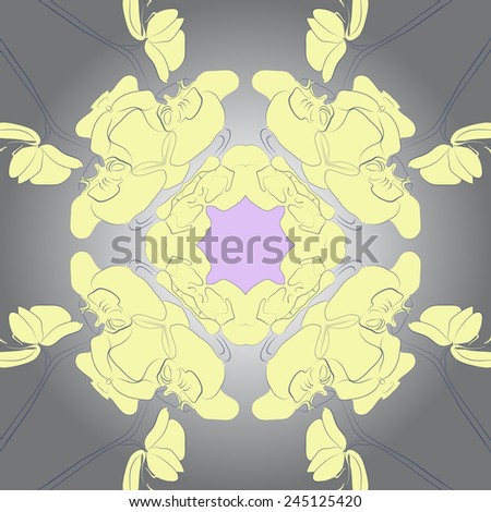 Circular seamless  pattern of colored floral motif, branches  on a  gradient gray background. Hand drawn.