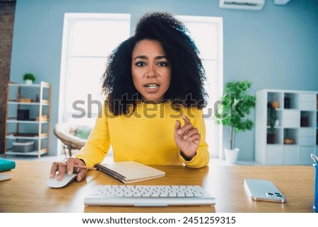 Photo of concentrated successful woman admin expert sitting table working pc keypad modern workspace