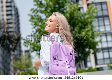 Photo of adorable cute lovely girl walking enjoying peaceful life fresh air summer summertime outside