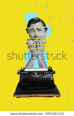 Vertical photo collage of scared man bite fingers mental problem typewriter machine bipolar disorder psyche isolated on painted background