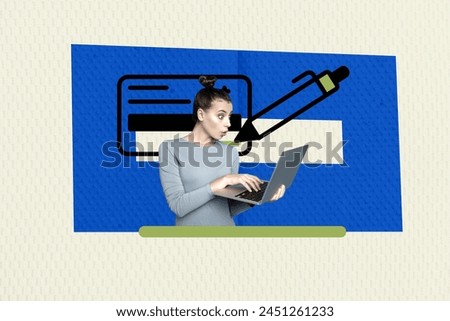 Trend artwork sketch image photo collage of silhouette shocked staring lady type on laptop at huge badge document pan write signature