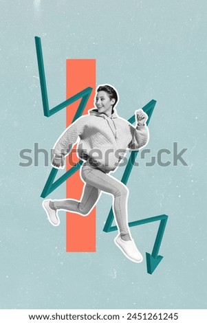 Vertical image collage of happy silly girl run arrow down mistake irresponsible investor failure decline isolated on painted background Royalty-Free Stock Photo #2451261245