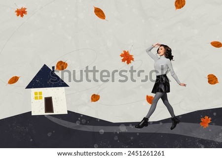 Creative picture collage young charming cheerful woman go autumn weather golden falling leaves house property october september