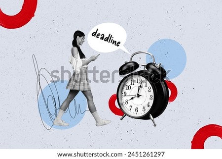 Creative collage young girl teenager student pupil walk typing look smartphone deadline miss time management alarm clock regime punctuality Royalty-Free Stock Photo #2451261297