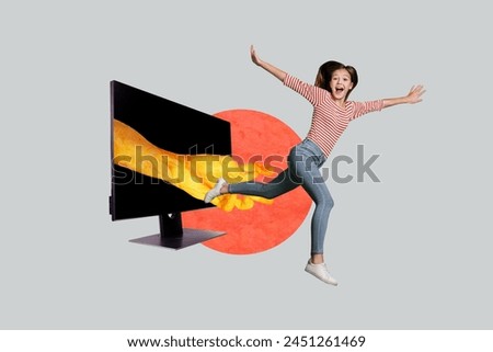 Creative collage picture running woman computer screen cheerful energetic emotional runner escape virtual network internet addiction