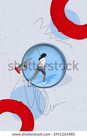Creative collage picture running young girl time clock deadline miss arrangement hour countdown regime pointing finger arm Royalty-Free Stock Photo #2451261485