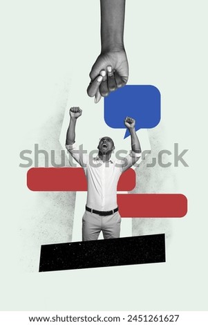 Vertical photo collage of angry man shout hand show fig gesture rude tease hate bullying offender abuse isolated on painted background