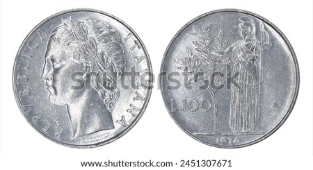 Old vintage Italy coin year 1974, 100 lire with romagnoli giampaoli inc stamp. on white background Royalty-Free Stock Photo #2451307671