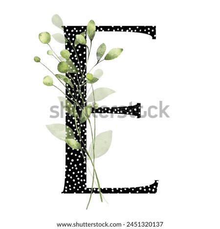 Letter E, floral monogram with watercolor leaf. Letterhead, initial perfectly for wedding invitation, greeting card, logo, poster and other design. Holiday design hand painting.