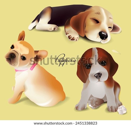 Set of cute puppies. Puppies of different breeds on yellow background. Vector illustration