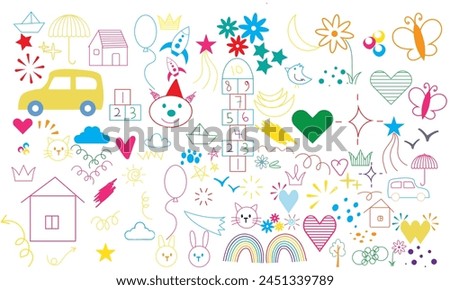 Children school, kindergarten vector doodle set. Cute daycare hand drawn flower, toy, animal elements. Childish cute preschool activity, education doodle background. Childish cute preschool activity, 