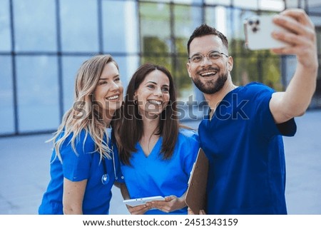 Doctor, selfie and group with smile for social media and profile picture in hospital. Healthcare, nurse staff and clinic with teamwork, collaboration and happy smile from medical work and employees
