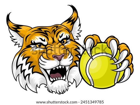 A wildcat or bobcat with a tennis ball sports team animal cartoon mascot
