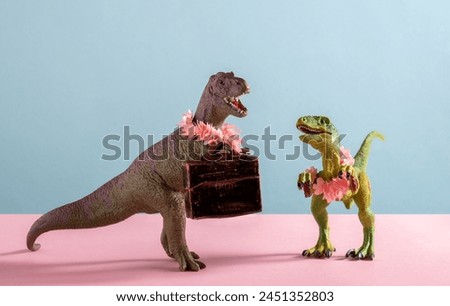 Cute dinosaurs with flower necklaces  on pink and blue background.
