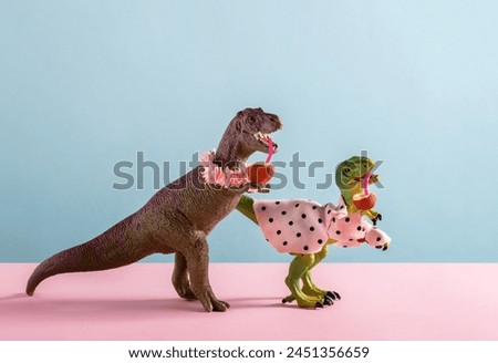 Cute dinosaurs drinks coconut water on pink and blue background.