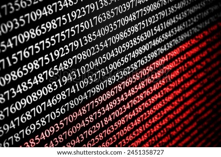 Numbers on computer screen. Macro photography with visible pixels. Binary code. Polish flag color background. Poland national colors texture. Cyber security. Polish hackers. Internet technology.