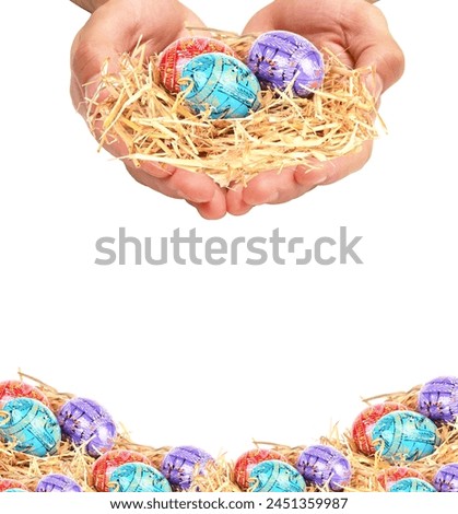 Hands holding Easter eggs on white background