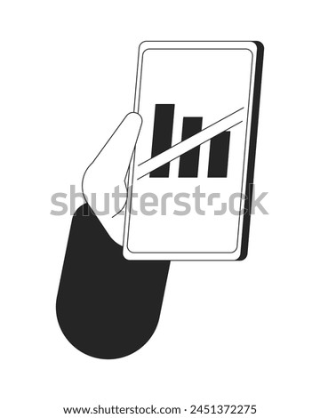No phone signal cartoon human hand outline illustration. Disconnected cellphone 2D isolated black and white vector image. Mobile problem. No connection smartphone flat monochromatic drawing clip art