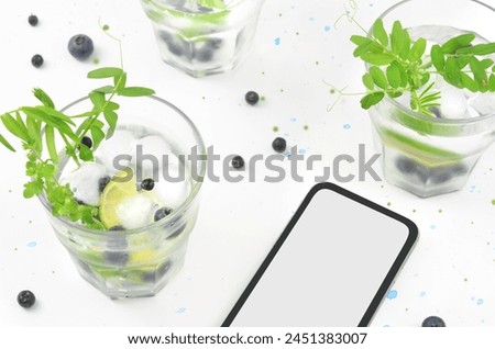 Drinks in summer and phone with empty space to fill with content. Green and dark blue decorations: leaves and blueberries. sstkSummer