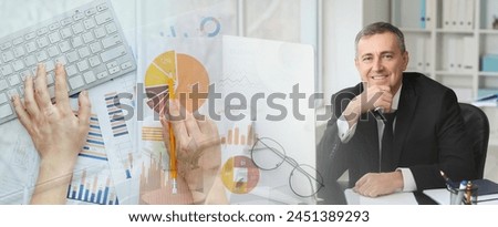 Double exposure of mature accountant and hands of office worker with charts and computer keyboard at workplace